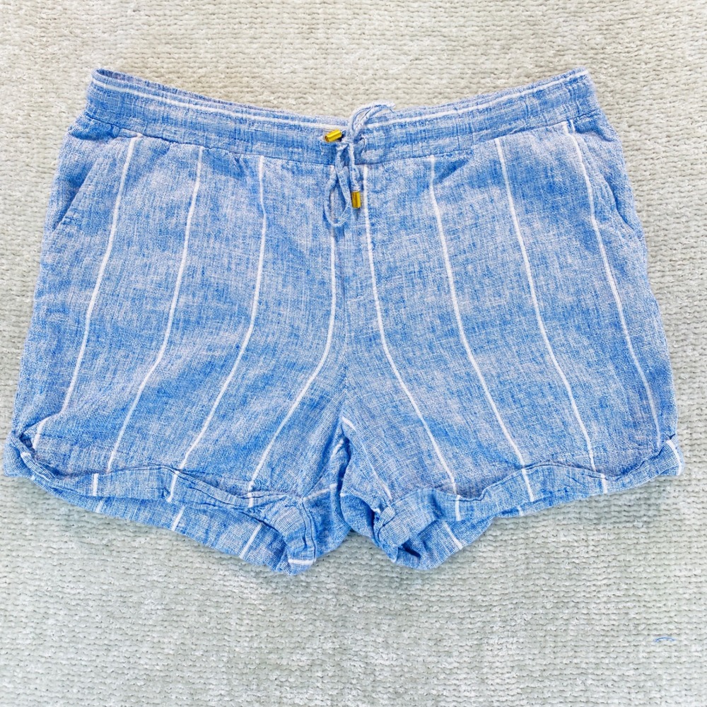 Ellen Tracy Womens Blue White Striped Linen Blend Drawstring Shorts Size Large